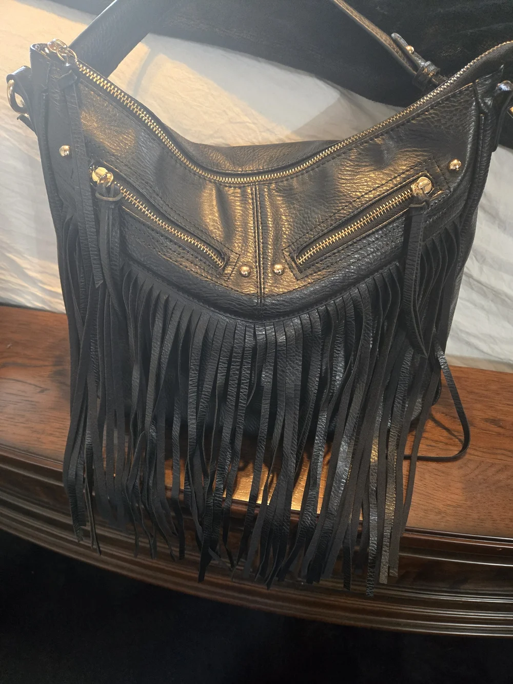 Antik Kraft Black Fringe Hobo Shoulder Bag Boho Western Vegan Leather Large